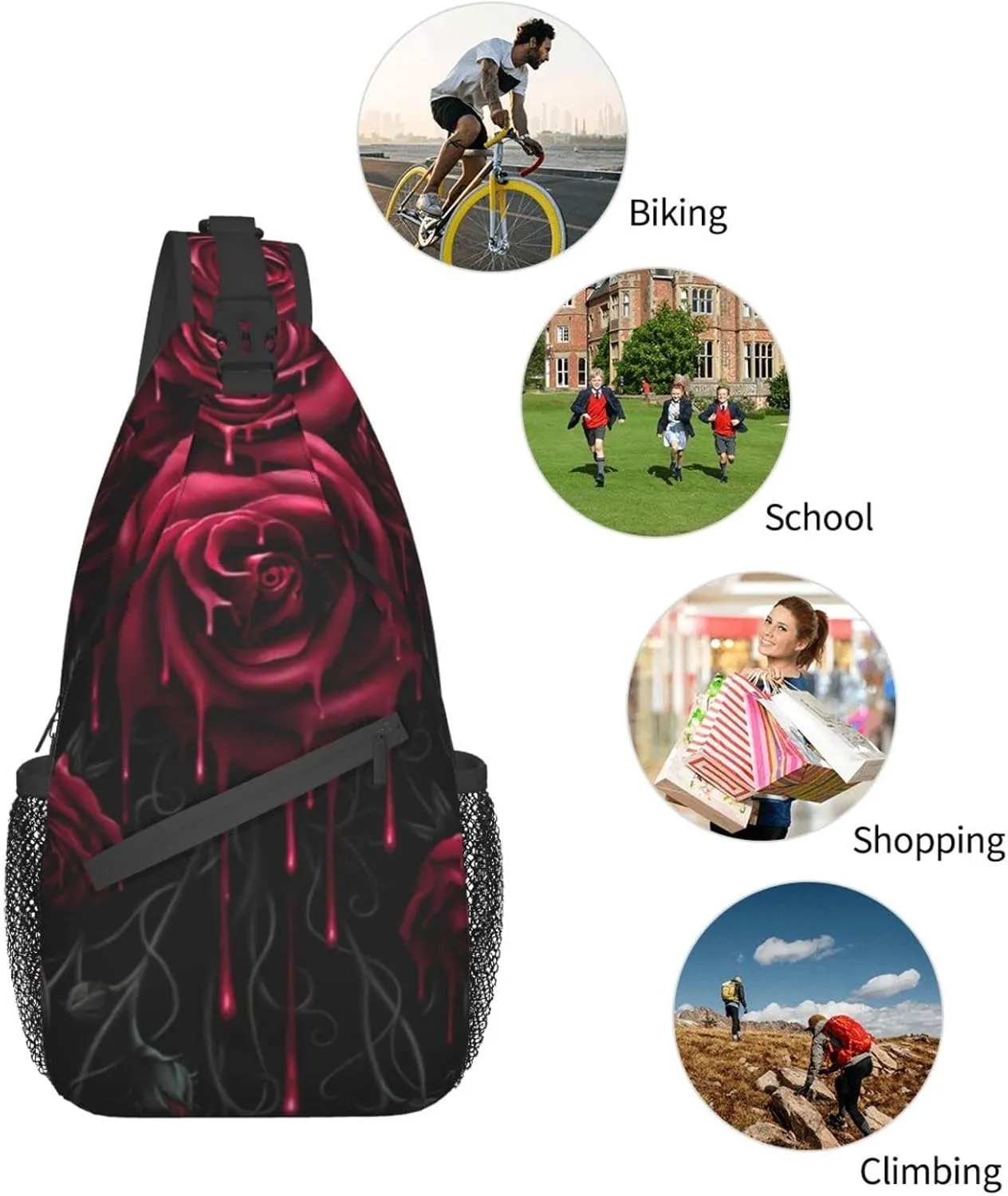AMRANDOM Men & Women Sling Bag Anti-Theft Sling Shoulder Backpack Waterproof Chest Bag With Adjustable Strap Lightweight Sling Bag Chest (blood red rose)