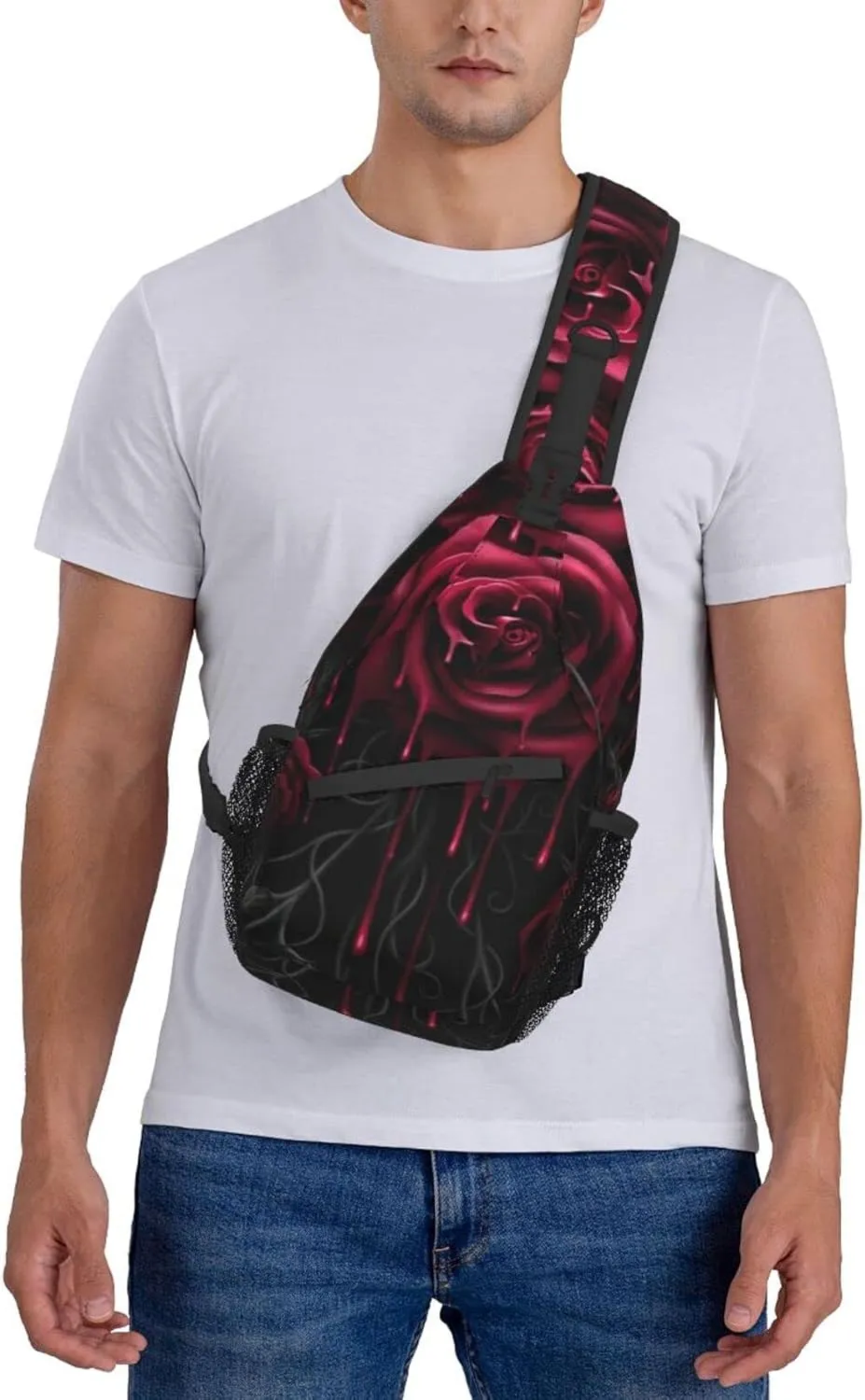 AMRANDOM Men & Women Sling Bag Anti-Theft Sling Shoulder Backpack Waterproof Chest Bag With Adjustable Strap Lightweight Sling Bag Chest (blood red rose)