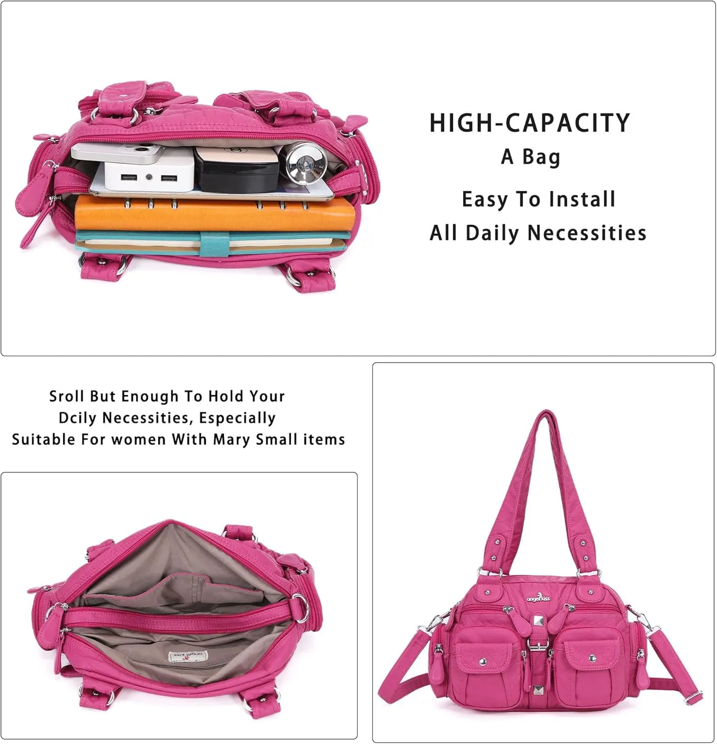 Angel Kiss Hobo Crossbody Purses for Women Shoulder Bag Multipocket Soft Hobo Purses Removable Strap Leather Handbags