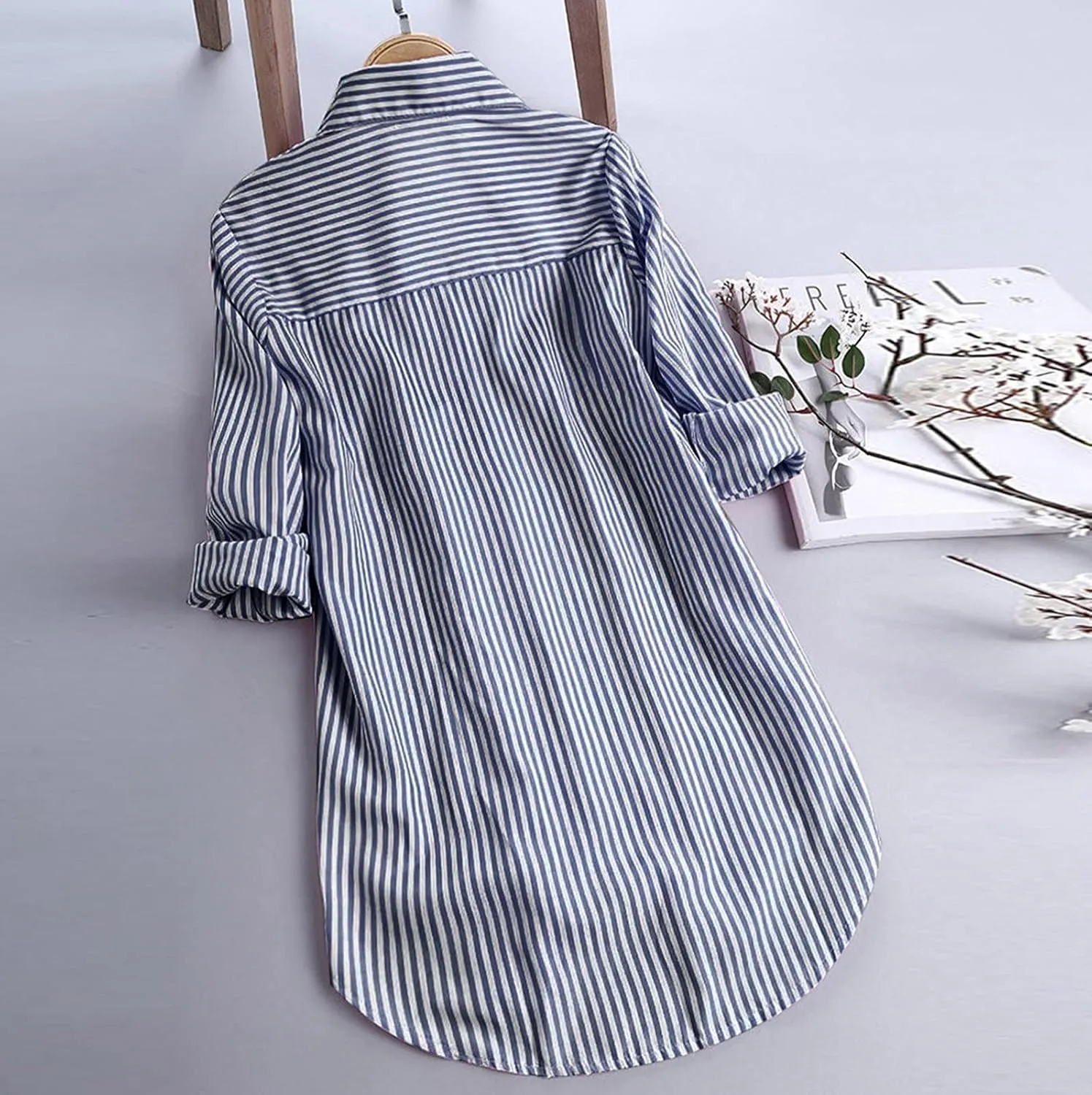 Aniywn Women's Stripe Long Sleeve T-Shirt Casual Loose Button Down Rolled Sleeve Plus Size Comfy Tunic Blouses