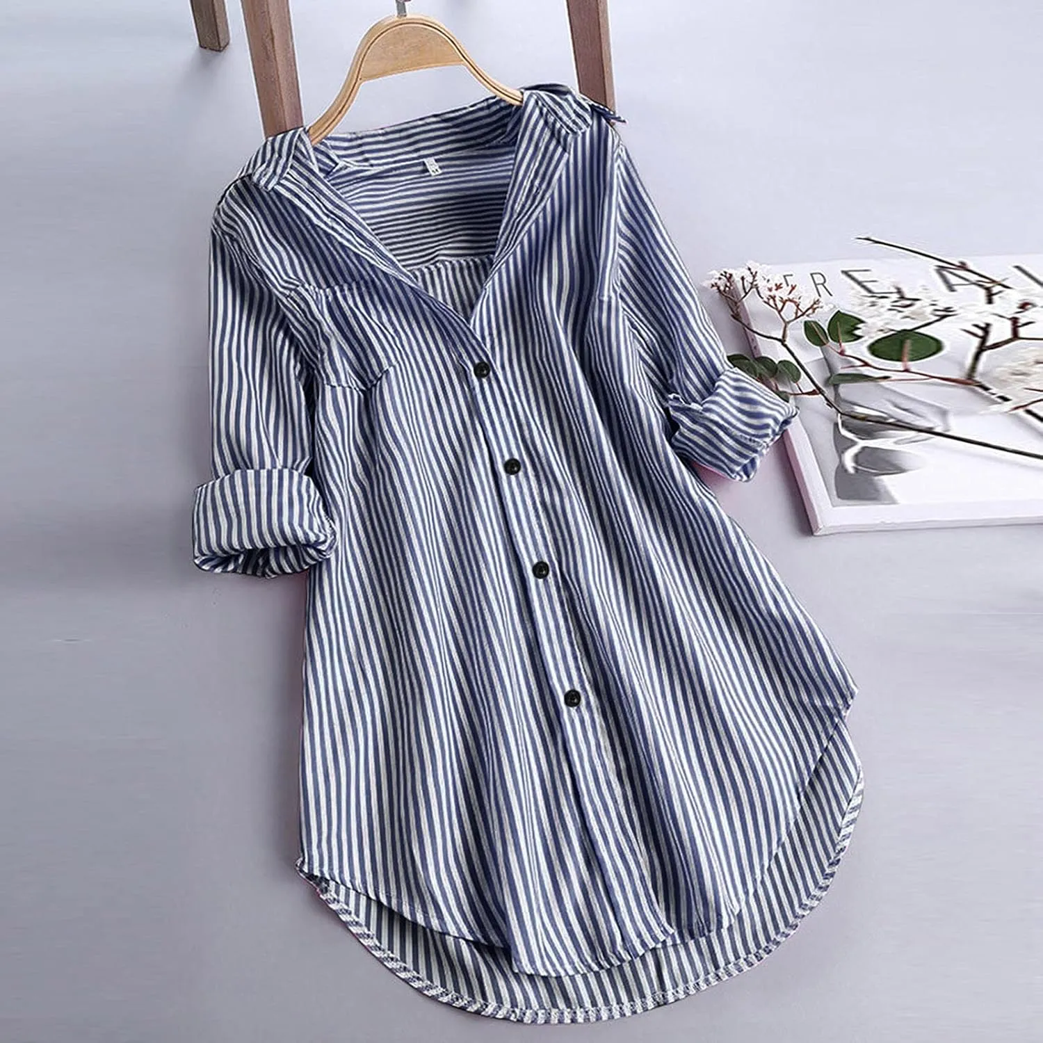 Aniywn Women's Stripe Long Sleeve T-Shirt Casual Loose Button Down Rolled Sleeve Plus Size Comfy Tunic Blouses