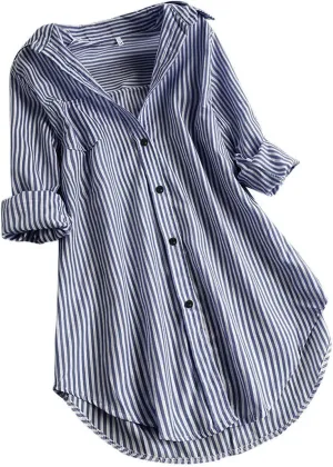 Aniywn Women's Stripe Long Sleeve T-Shirt Casual Loose Button Down Rolled Sleeve Plus Size Comfy Tunic Blouses