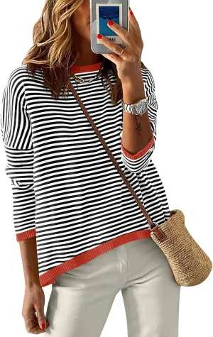 ANRABESS Womens Sweaters Striped Color Block Long Sleeve Crewneck Casual Loose Knitted Pullover Shirts 2025 Fall Trendy Tops