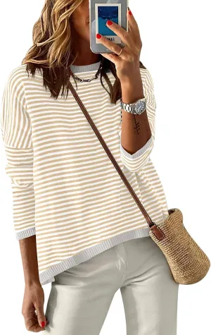 ANRABESS Womens Sweaters Striped Color Block Long Sleeve Crewneck Casual Loose Knitted Pullover Shirts 2025 Fall Trendy Tops
