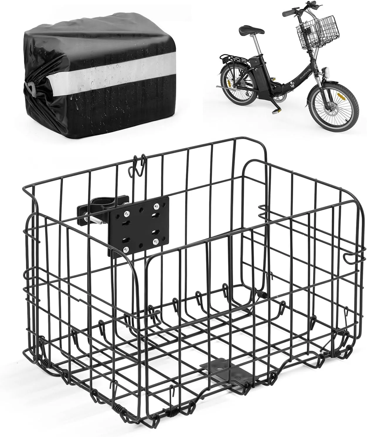 ANZOME Folding Bike Basket Front, Metal Bicycle Basket with a Fixed Holder and Waterproof Rainproof Cover, Rust-Resistant Electric Bicycle Front Baskets Accessories for Women and Men