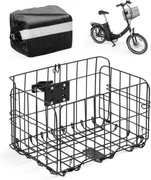 ANZOME Folding Bike Basket Front, Metal Bicycle Basket with a Fixed Holder and Waterproof Rainproof Cover, Rust-Resistant Electric Bicycle Front Baskets Accessories for Women and Men
