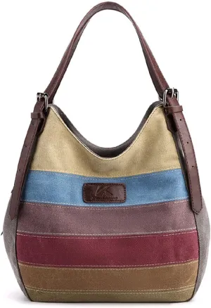 APLUSH Vintage Canvas Shoulder Bags Colorful Striped Shopper Bag Large Capacity Women Commuting Handbags,Grey,One Size, Gray