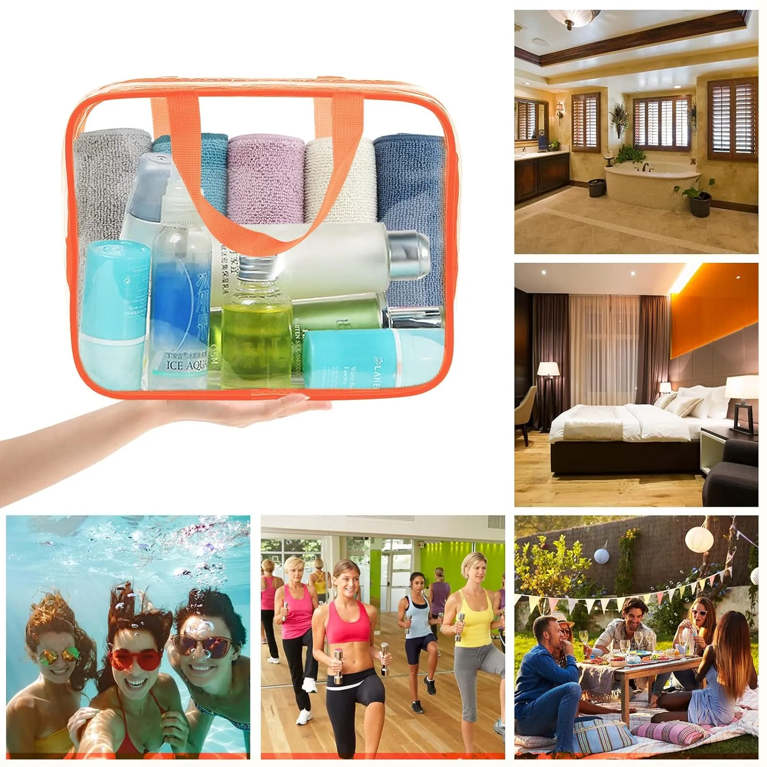 APREUTY Clear Makeup Bags, TSA Approved 6 Pcs Cosmetic Makeup Bags Set Clear PVC with Zipper Handle Portable Travel Luggage Pouch Airport Airline Vacation Organization (Orange)