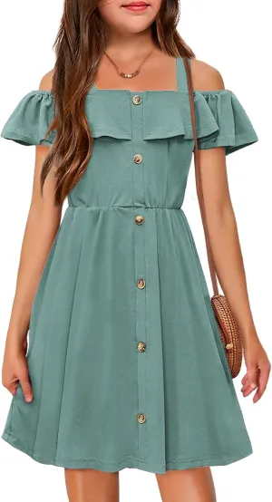 Arshiner Girls Dresses Summer Spaghetti Strap Cold Shoulder Ruffle Button Down A Line Dresses
