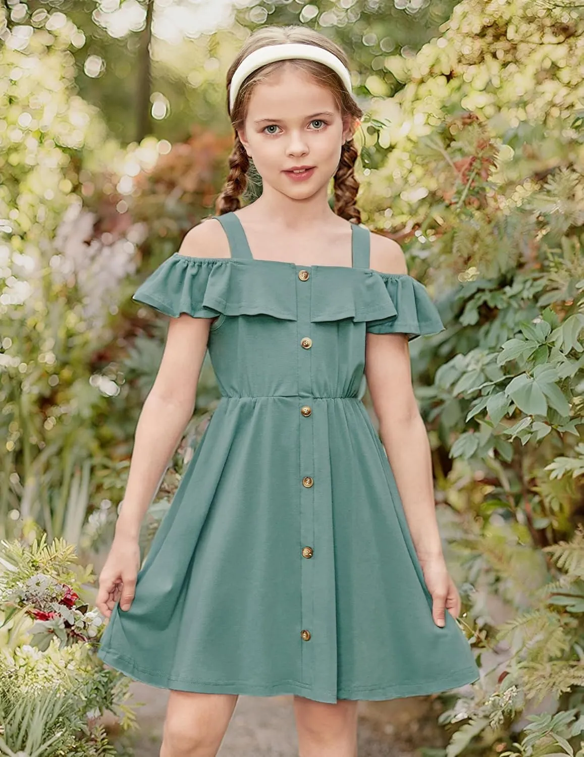 Arshiner Girls Dresses Summer Spaghetti Strap Cold Shoulder Ruffle Button Down A Line Dresses