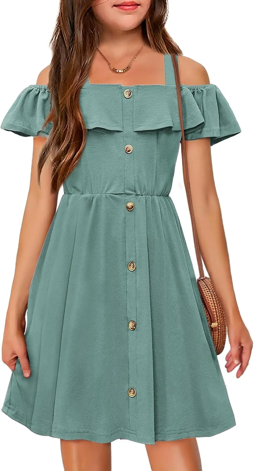 Arshiner Girls Dresses Summer Spaghetti Strap Cold Shoulder Ruffle Button Down A Line Dresses