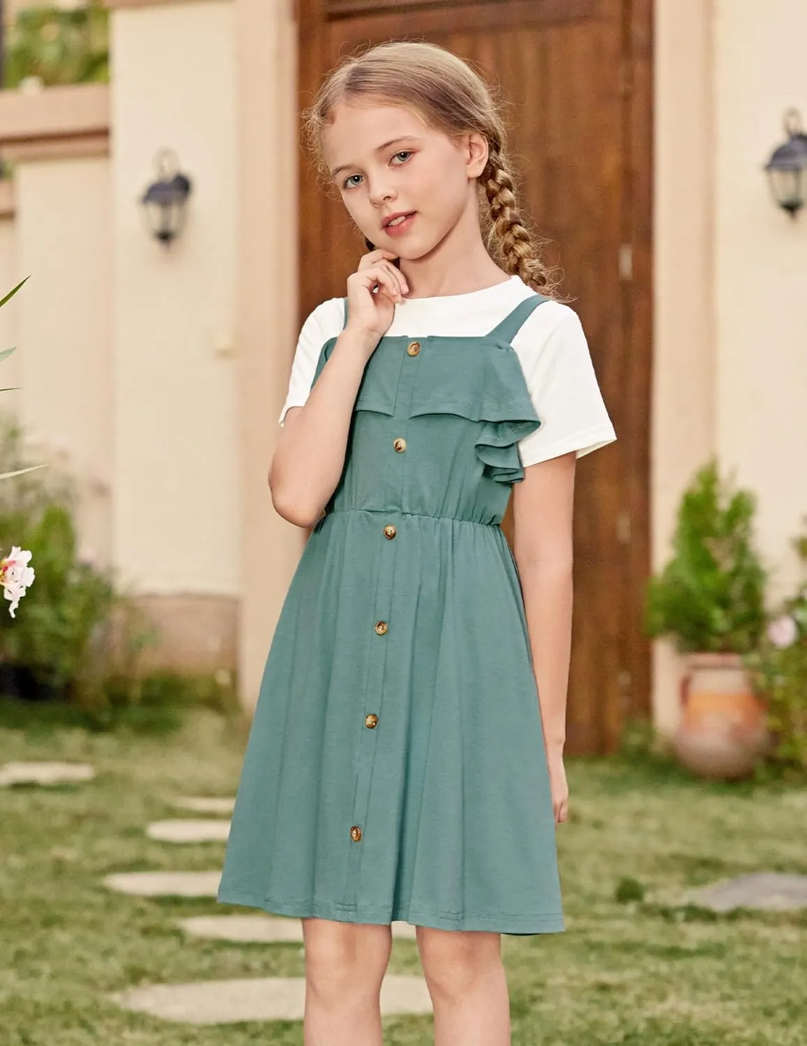 Arshiner Girls Dresses Summer Spaghetti Strap Cold Shoulder Ruffle Button Down A Line Dresses