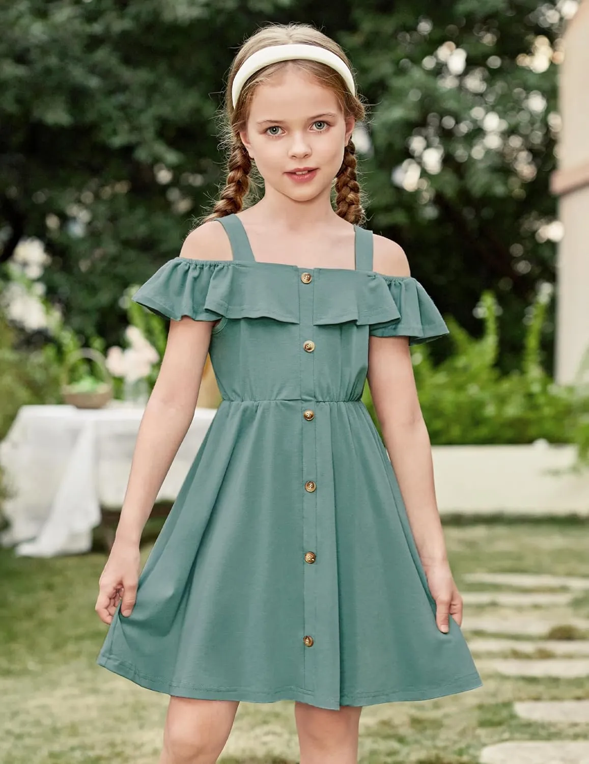 Arshiner Girls Dresses Summer Spaghetti Strap Cold Shoulder Ruffle Button Down A Line Dresses