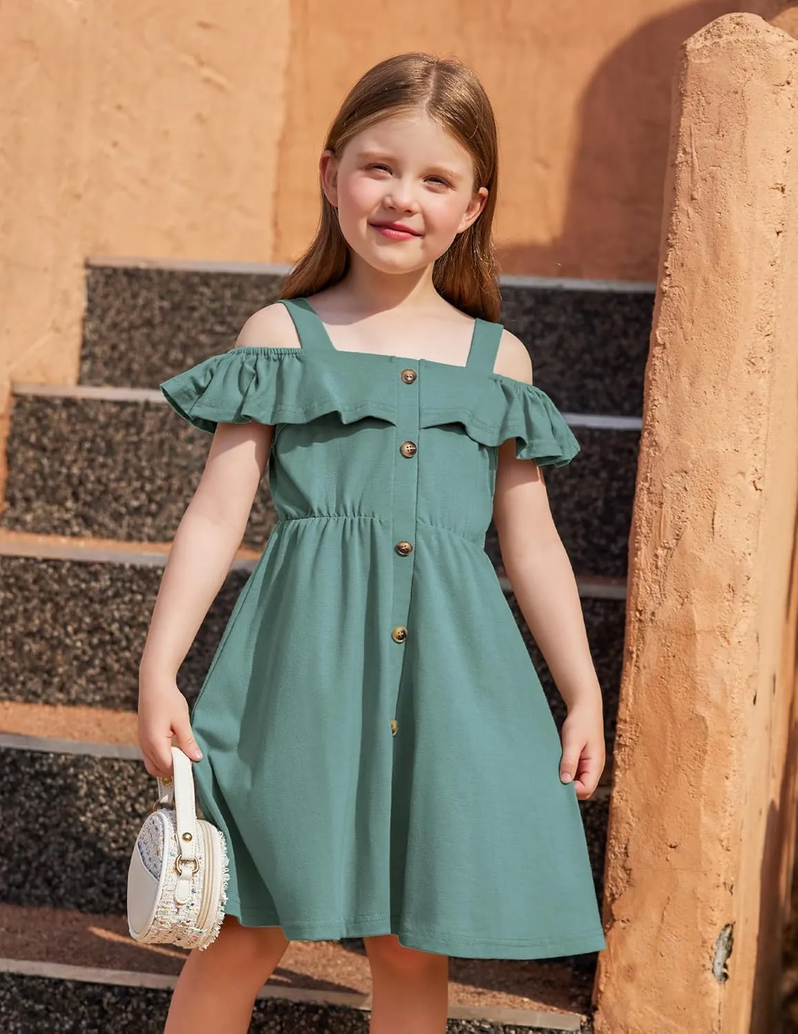 Arshiner Girls Dresses Summer Spaghetti Strap Cold Shoulder Ruffle Button Down A Line Dresses