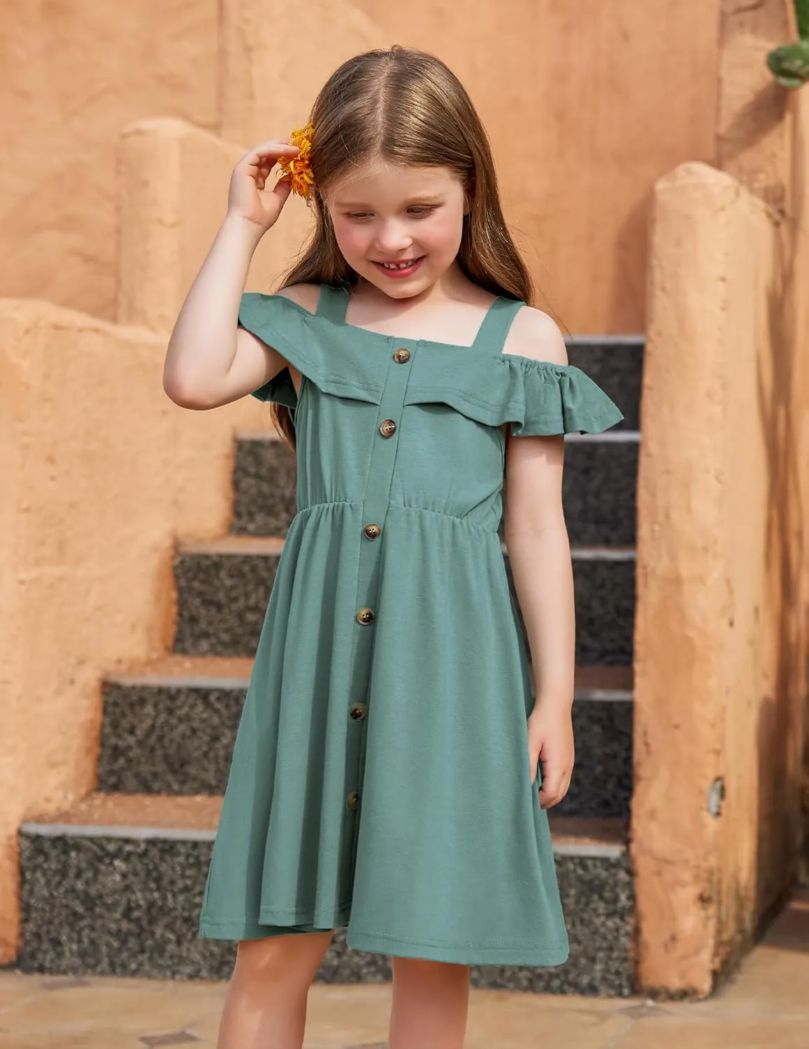 Arshiner Girls Dresses Summer Spaghetti Strap Cold Shoulder Ruffle Button Down A Line Dresses