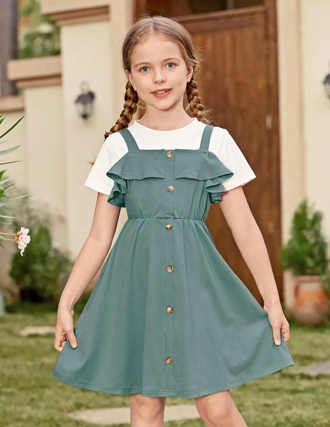 Arshiner Girls Dresses Summer Spaghetti Strap Cold Shoulder Ruffle Button Down A Line Dresses