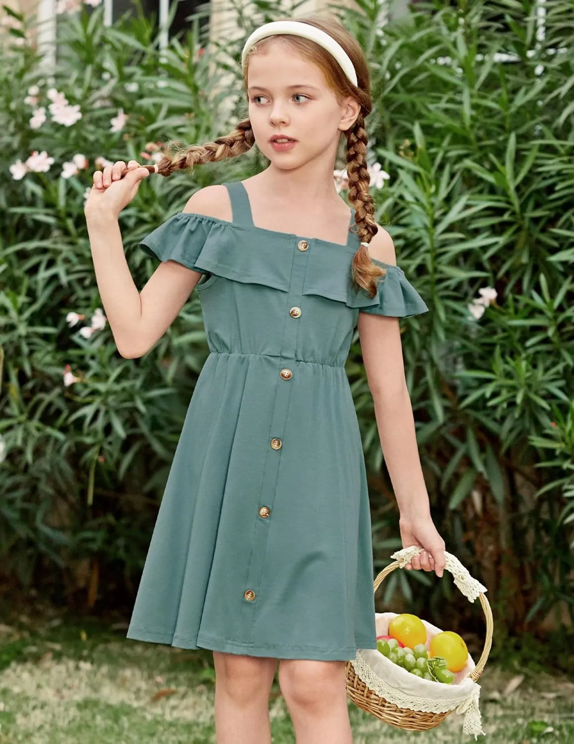 Arshiner Girls Dresses Summer Spaghetti Strap Cold Shoulder Ruffle Button Down A Line Dresses
