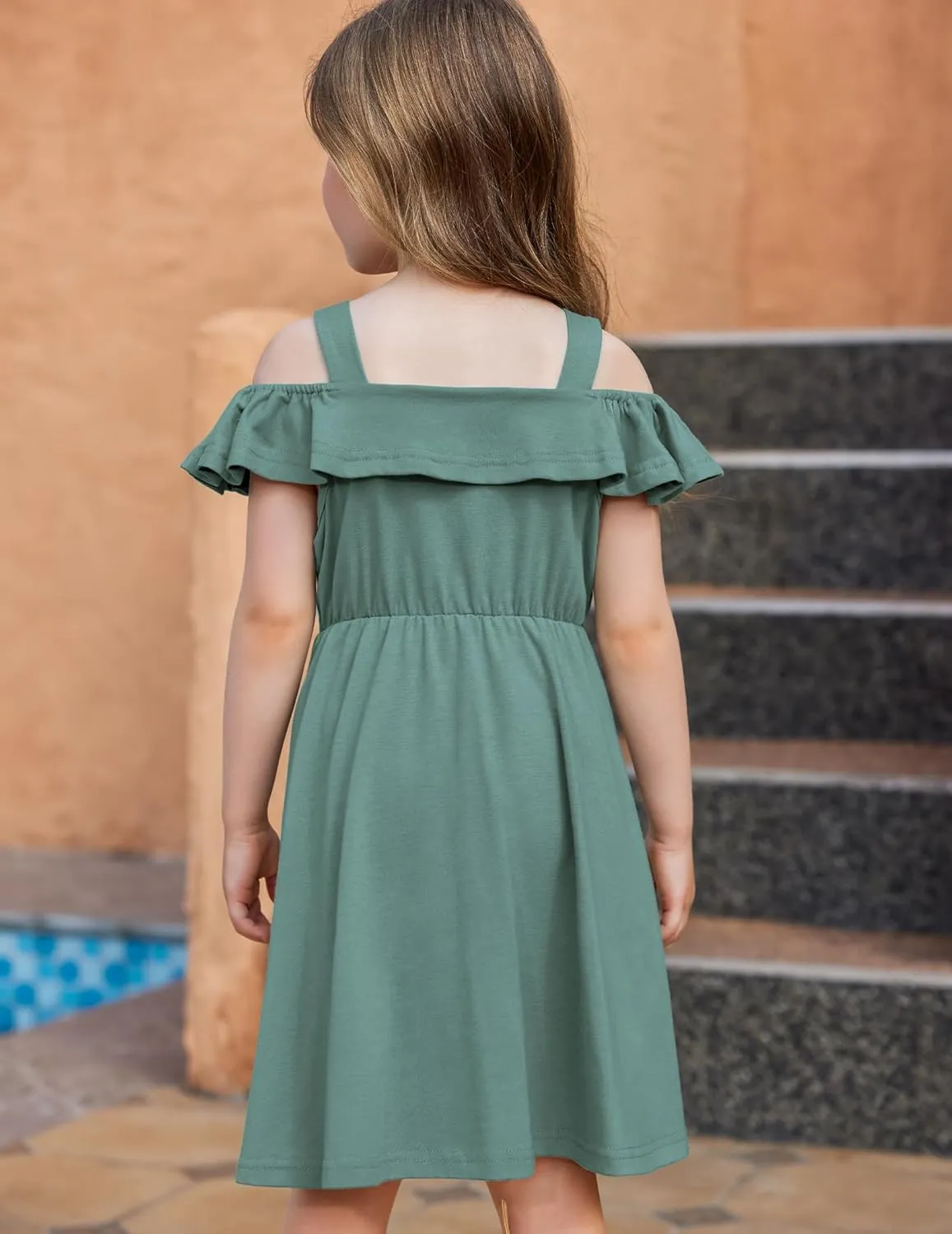 Arshiner Girls Dresses Summer Spaghetti Strap Cold Shoulder Ruffle Button Down A Line Dresses