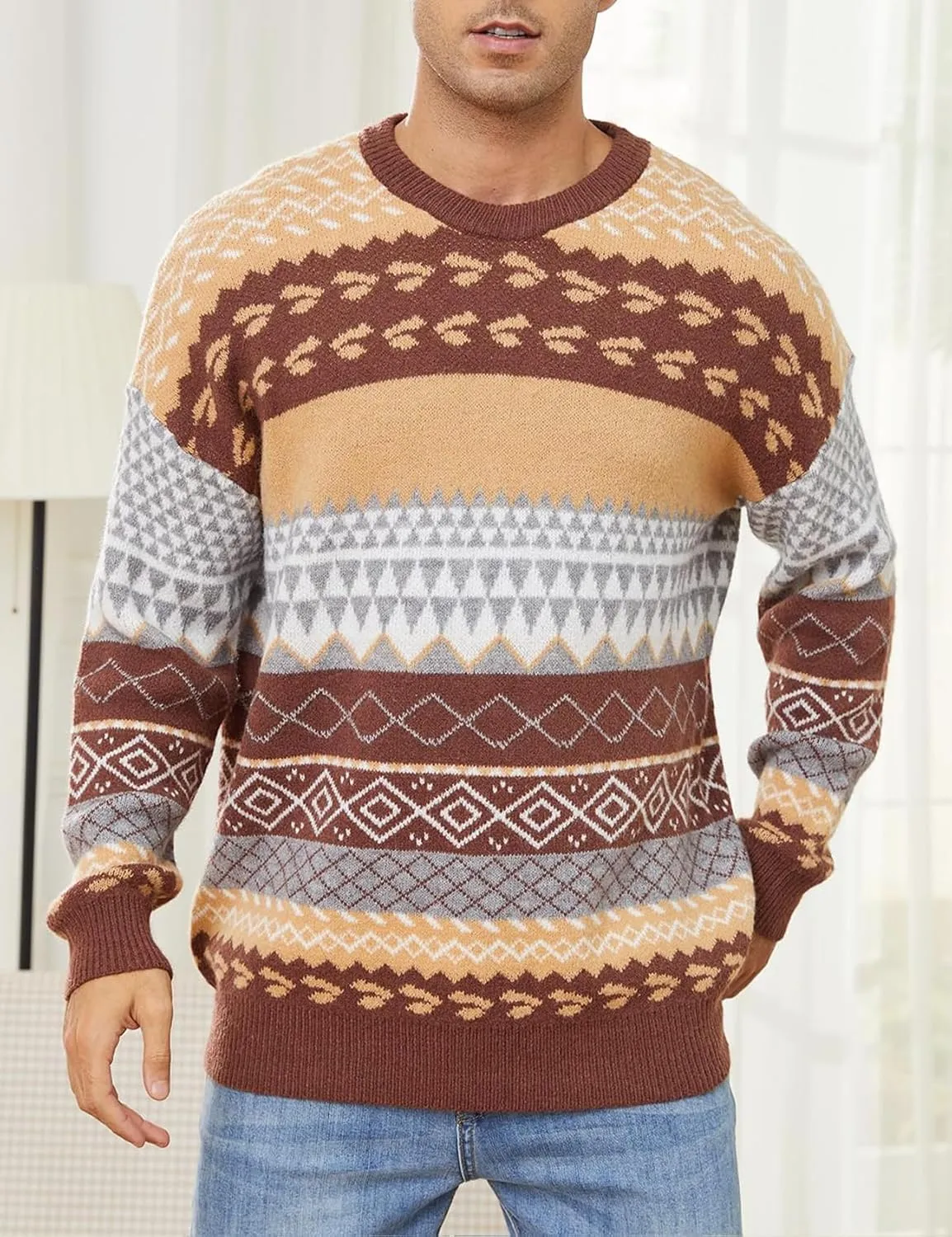 Arssm Mens Vintage Sweater Grandpa Oversized Cable Knit Crewneck Pullovers Casual Long Sleeve Striped Sweater