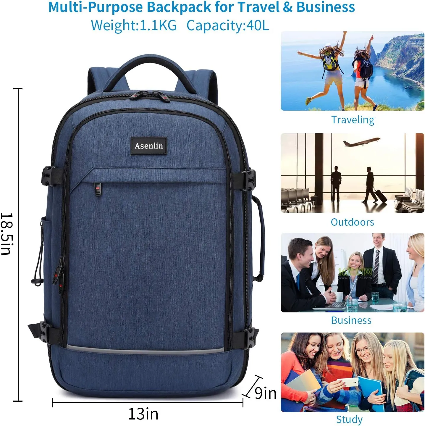 Asenlin 40L Travel Backpack for Women Men，17 Inch Laptop Backpack Flight Approved Luggage Carry On Water Resistant Computer Backpack for Weekender Overnight Large Daypack Blue