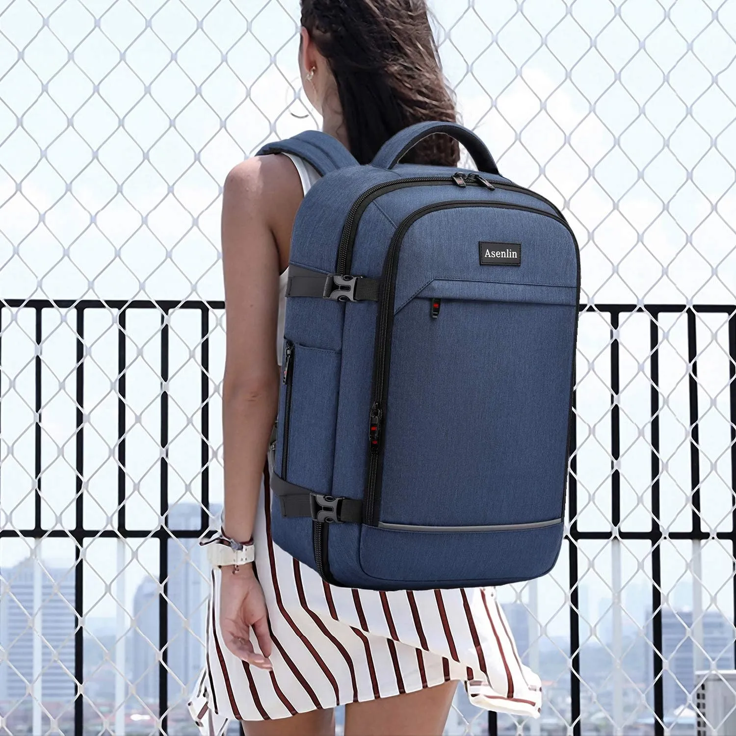 Asenlin 40L Travel Backpack for Women Men，17 Inch Laptop Backpack Flight Approved Luggage Carry On Water Resistant Computer Backpack for Weekender Overnight Large Daypack Blue