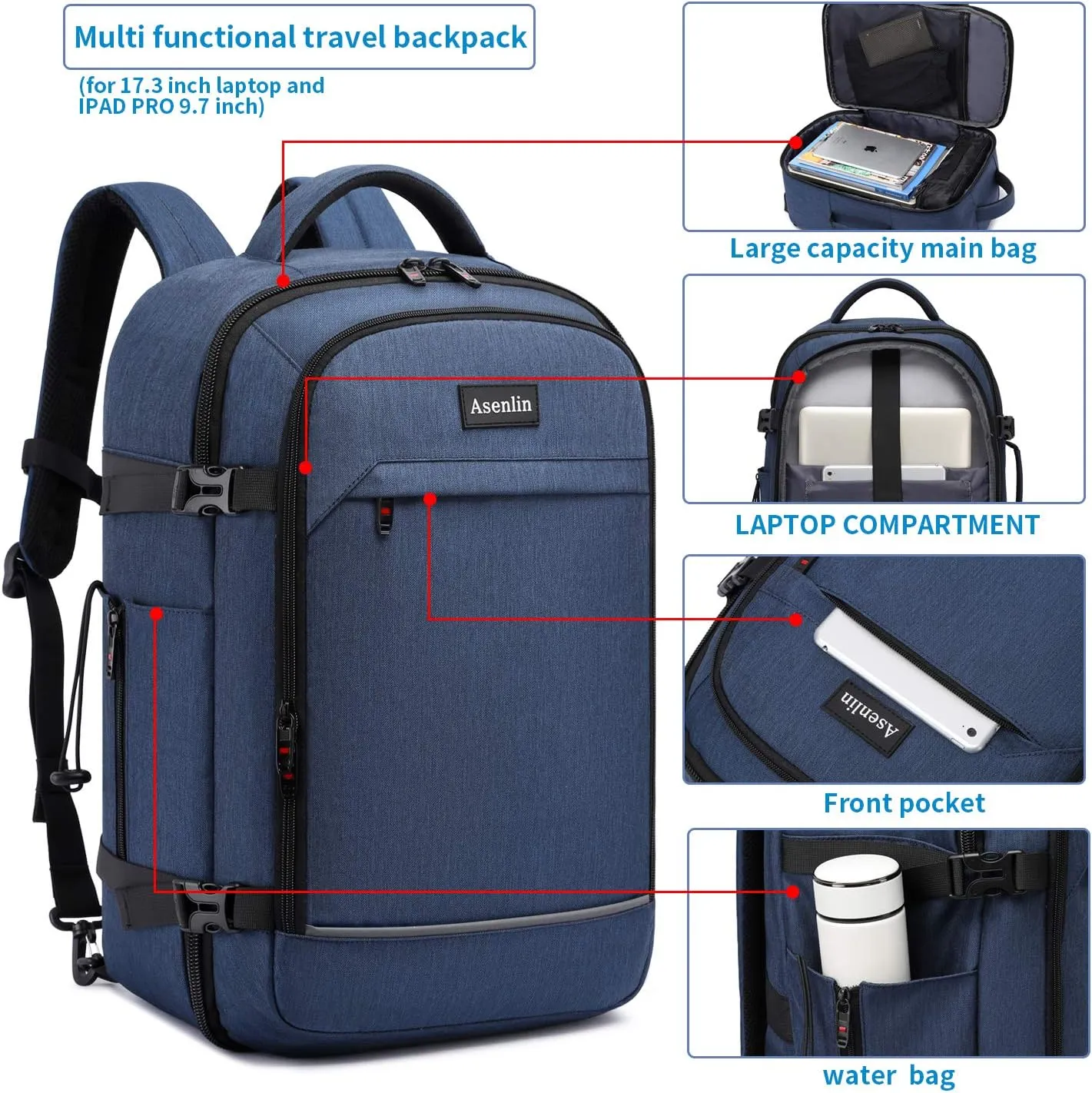 Asenlin 40L Travel Backpack for Women Men，17 Inch Laptop Backpack Flight Approved Luggage Carry On Water Resistant Computer Backpack for Weekender Overnight Large Daypack Blue