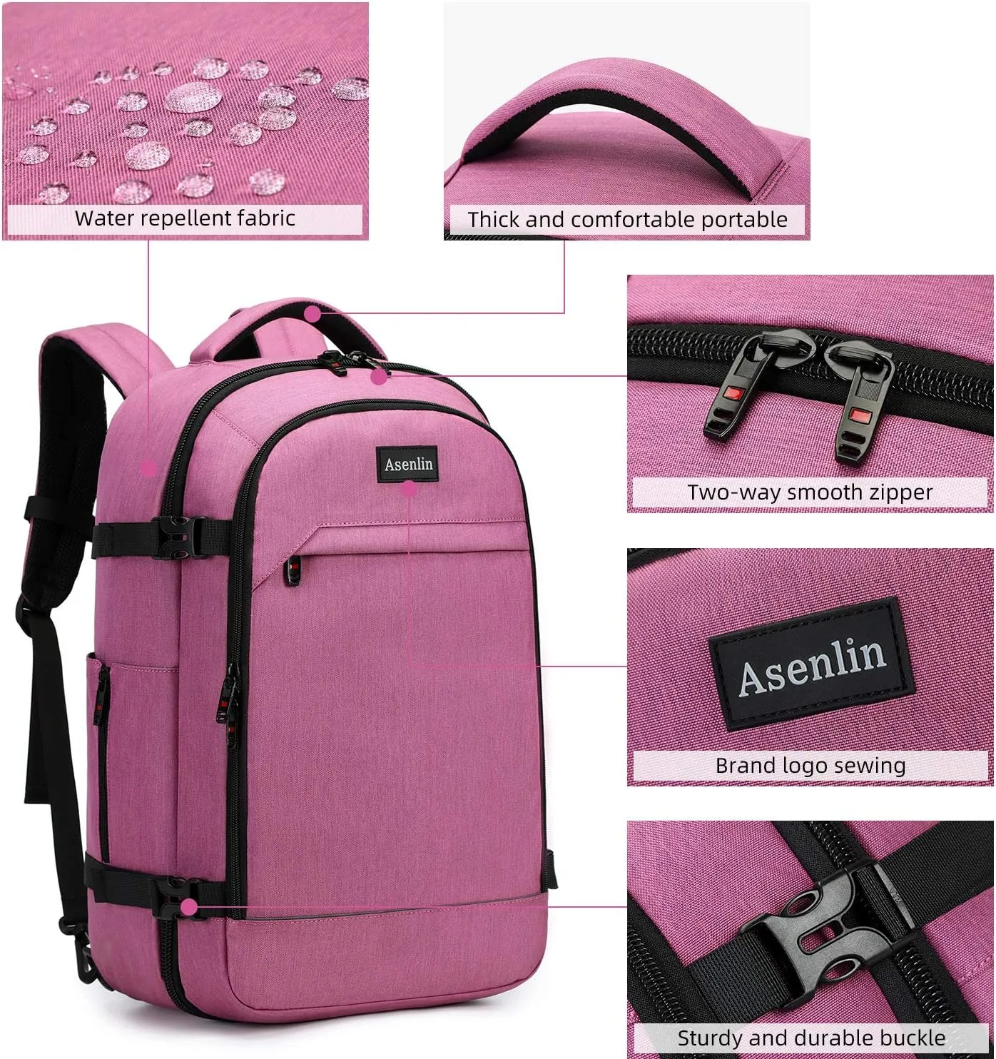 Asenlin 40L Travel Backpack for Women Men，17 Inch Laptop Backpack Flight Approved Luggage Carry On Water Resistant Computer Backpack for Weekender Overnight Large Daypack Pink