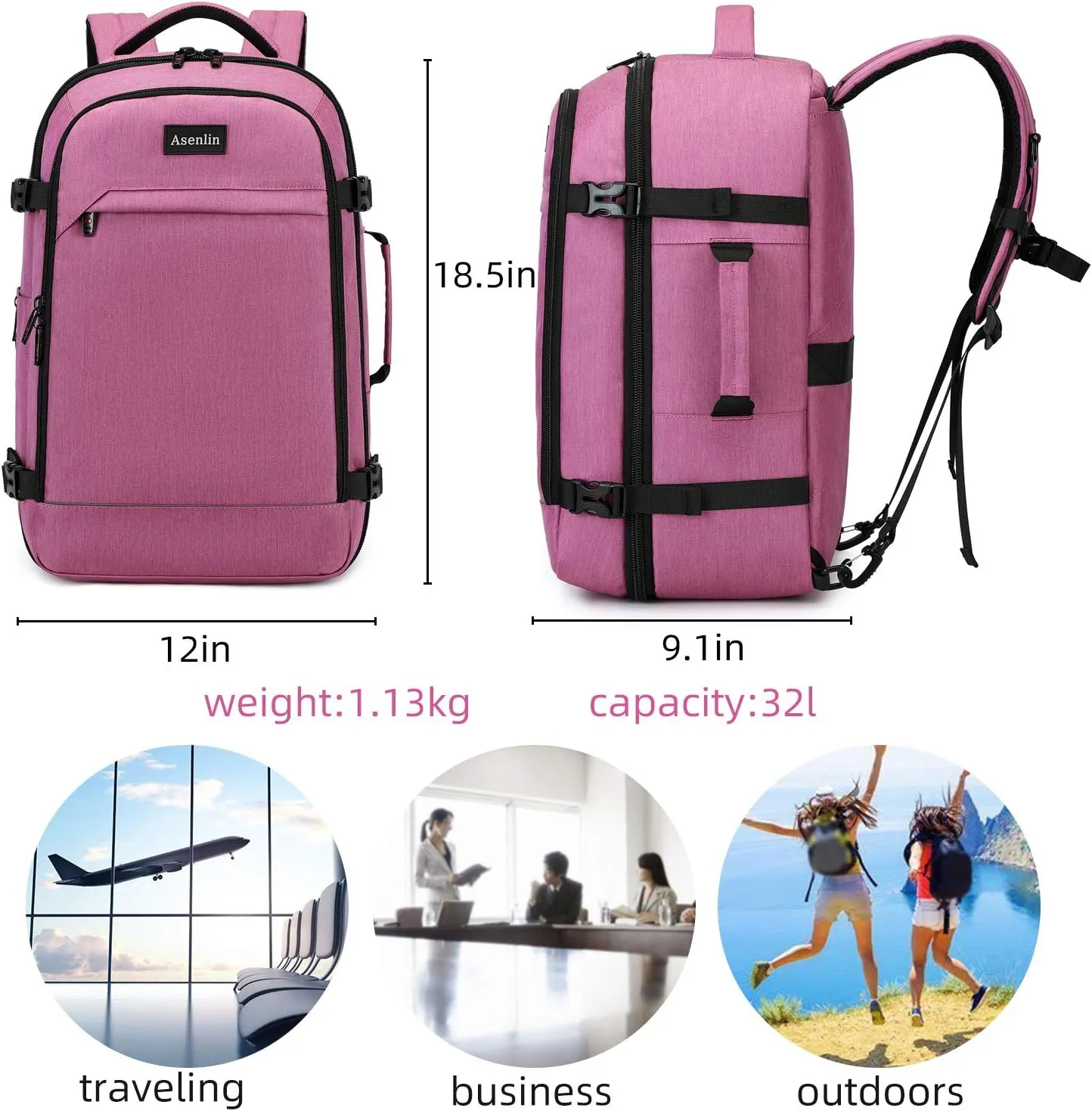 Asenlin 40L Travel Backpack for Women Men，17 Inch Laptop Backpack Flight Approved Luggage Carry On Water Resistant Computer Backpack for Weekender Overnight Large Daypack Pink