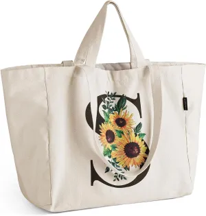 AUSVKAI Canvas Tote Bag for Women, Sunflower Grocery Bags with zipper, Interior Pocket and Long Shoulder Strap Short Handle