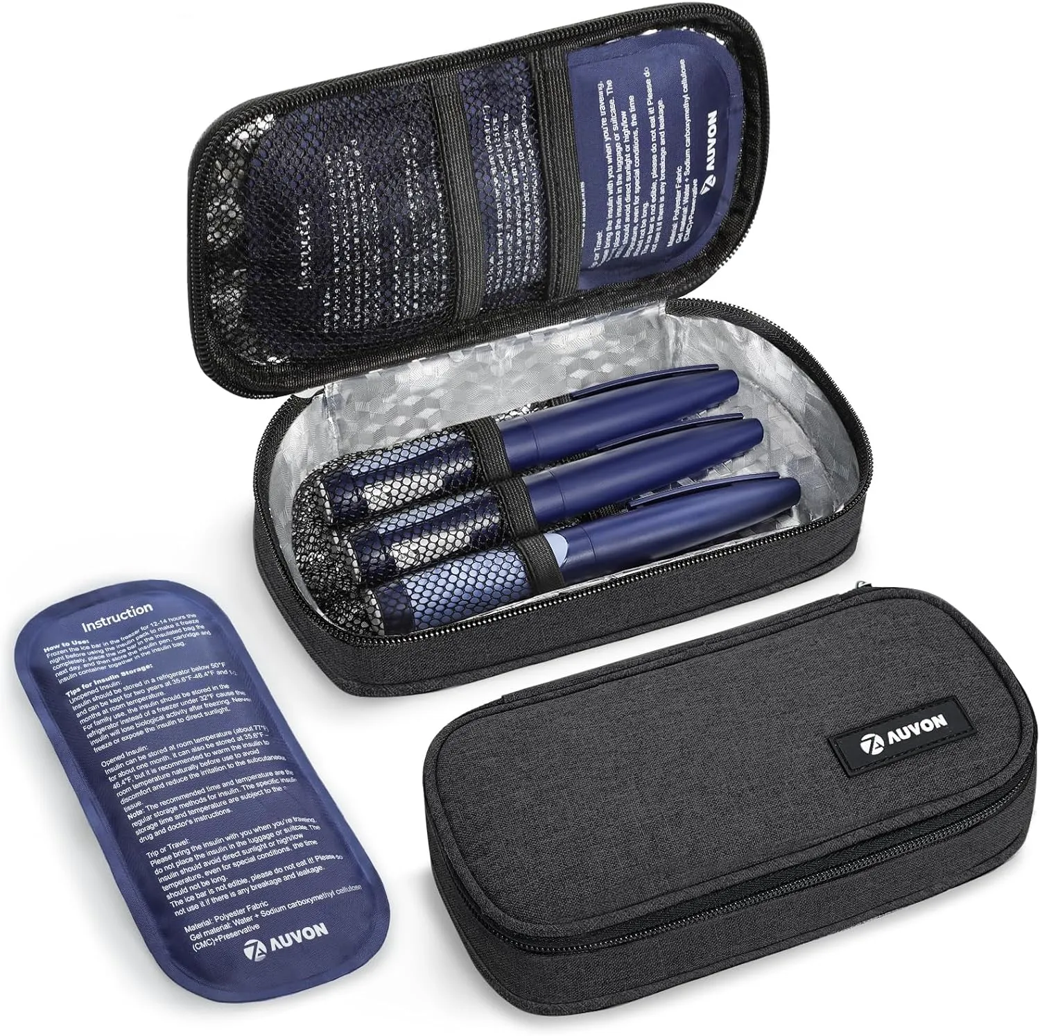 AUVON Portable Insulin Cooler Travel Case, Insulated Diabetic Bag with 2 x 160g Ice Packs for 6-8h Cooling Time, Medication Cooler Bag for Insulin Pens and Blood Glucose Monitor Supplies - Black