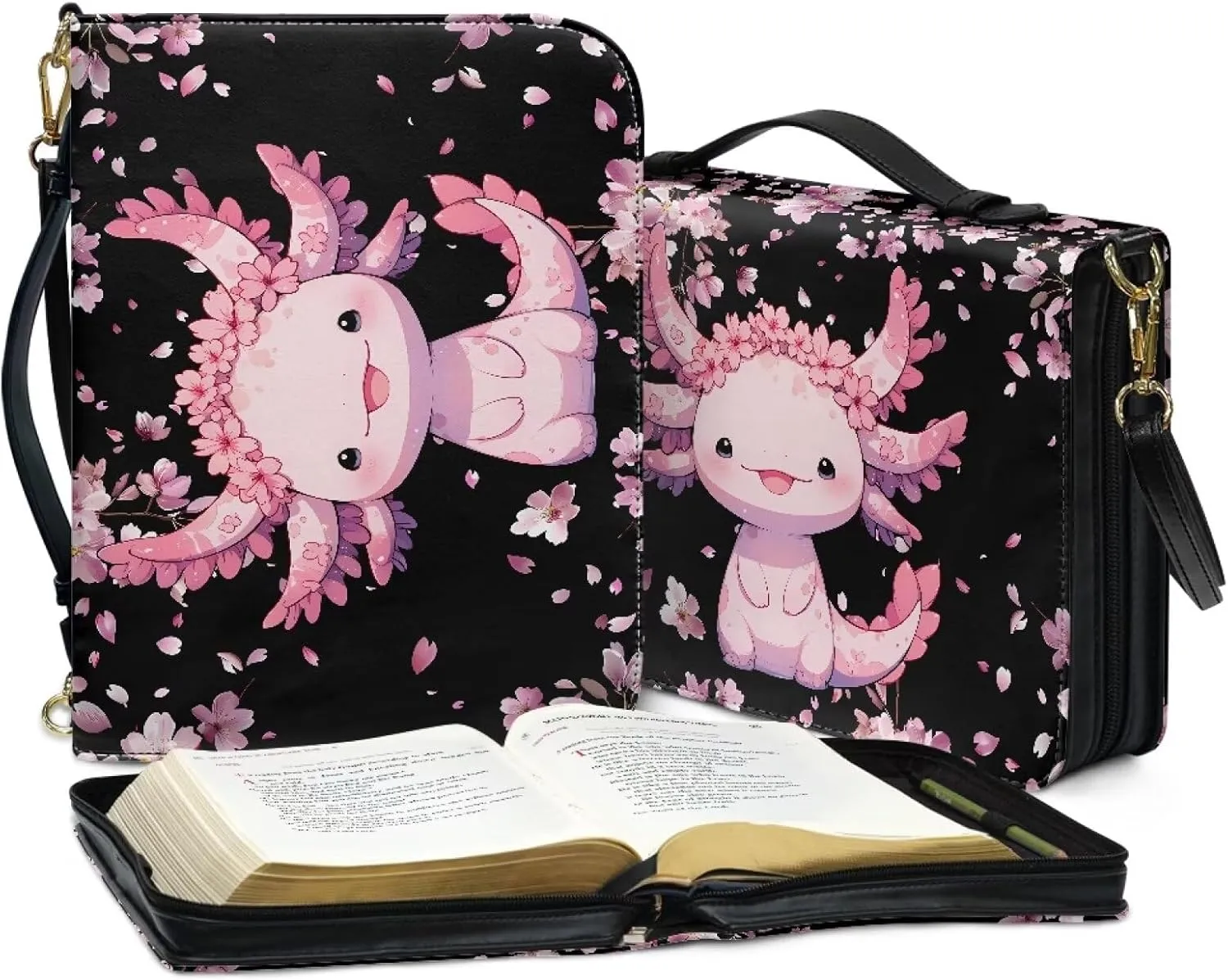 Axolotl Bible Cover for Women Religious Cherry Blossom Waterproof Church Bag Tote Bags Storage Accessories