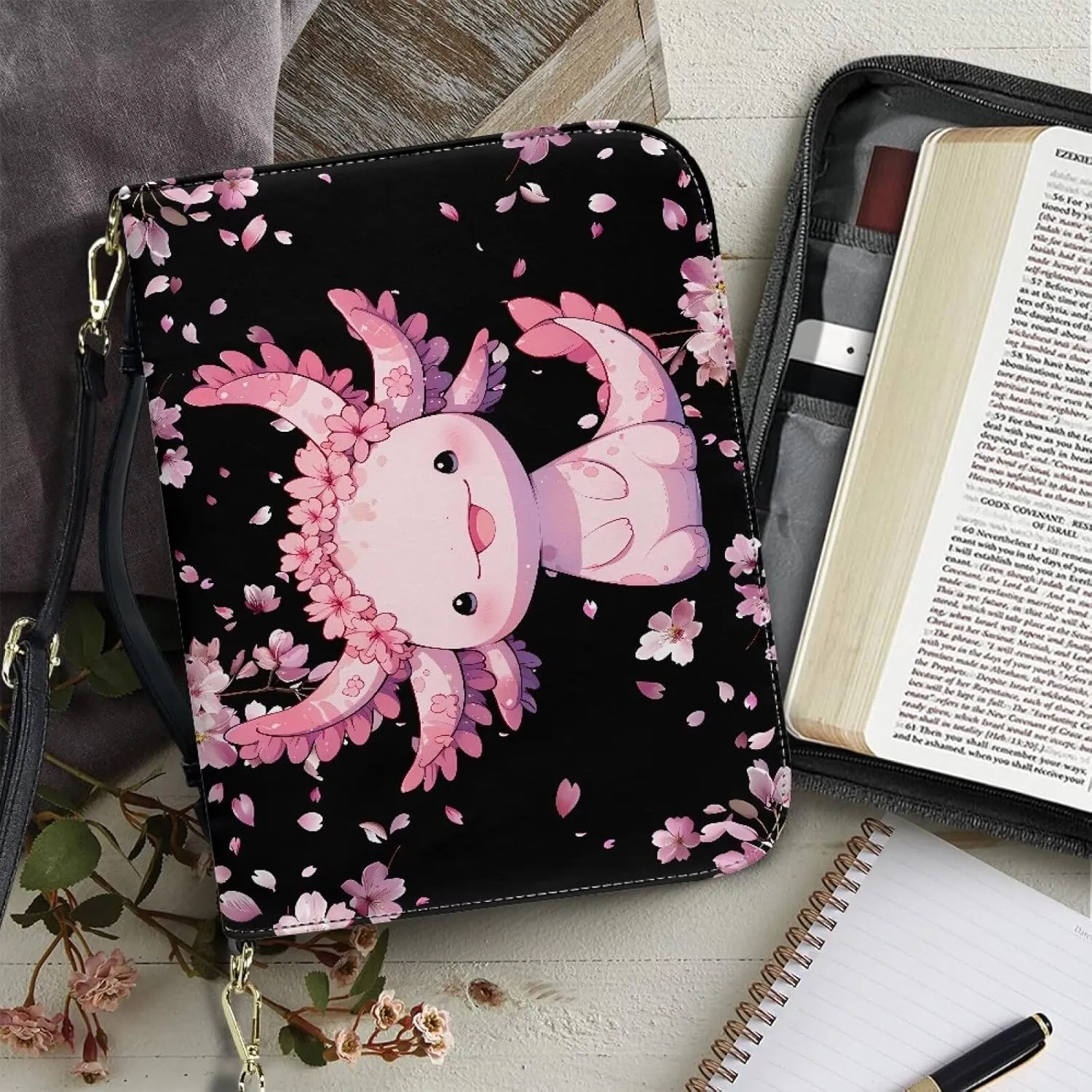 Axolotl Bible Cover for Women Religious Cherry Blossom Waterproof Church Bag Tote Bags Storage Accessories