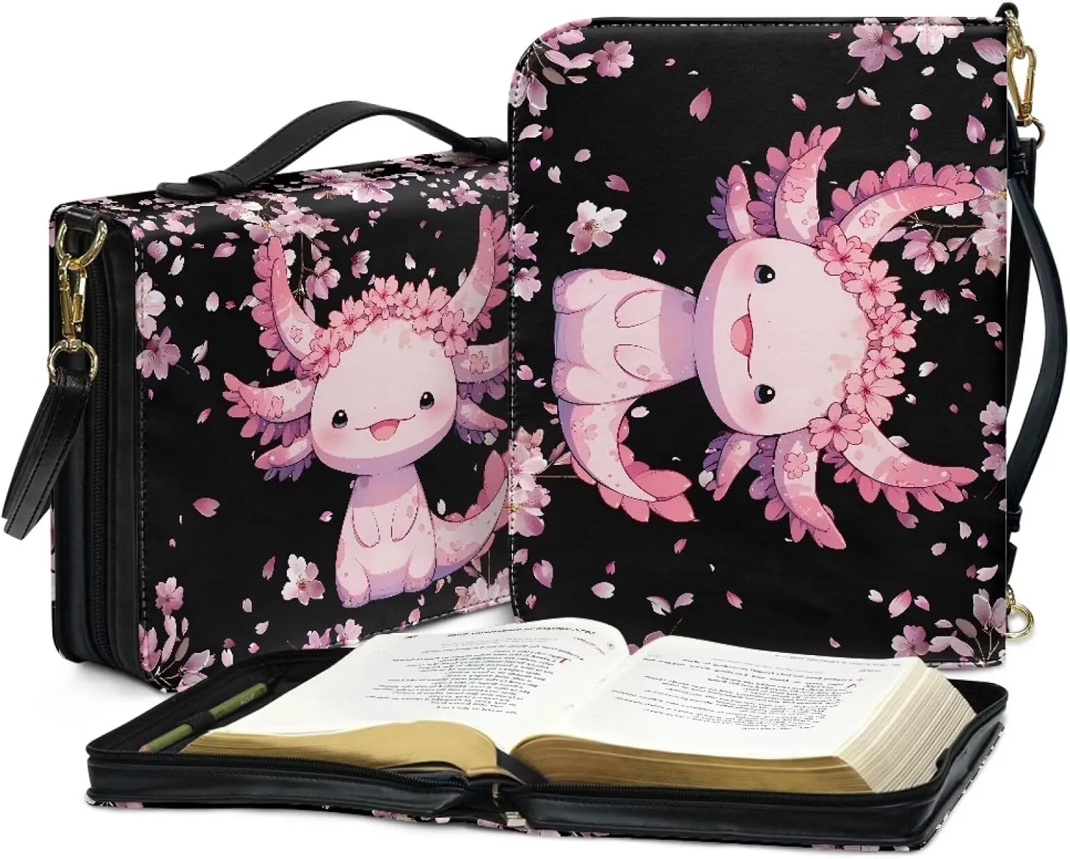 Axolotl Bible Cover for Women Religious Cherry Blossom Waterproof Church Bag Tote Bags Storage Accessories