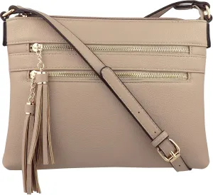 B BRENTANO Vegan Multi-Zipper Crossbody Handbag Purse with Tassel Accents
