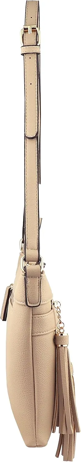 B BRENTANO Vegan Multi-Zipper Crossbody Handbag Purse with Tassel Accents