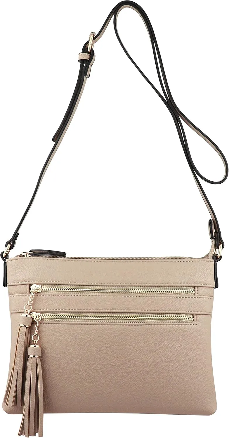 B BRENTANO Vegan Multi-Zipper Crossbody Handbag Purse with Tassel Accents