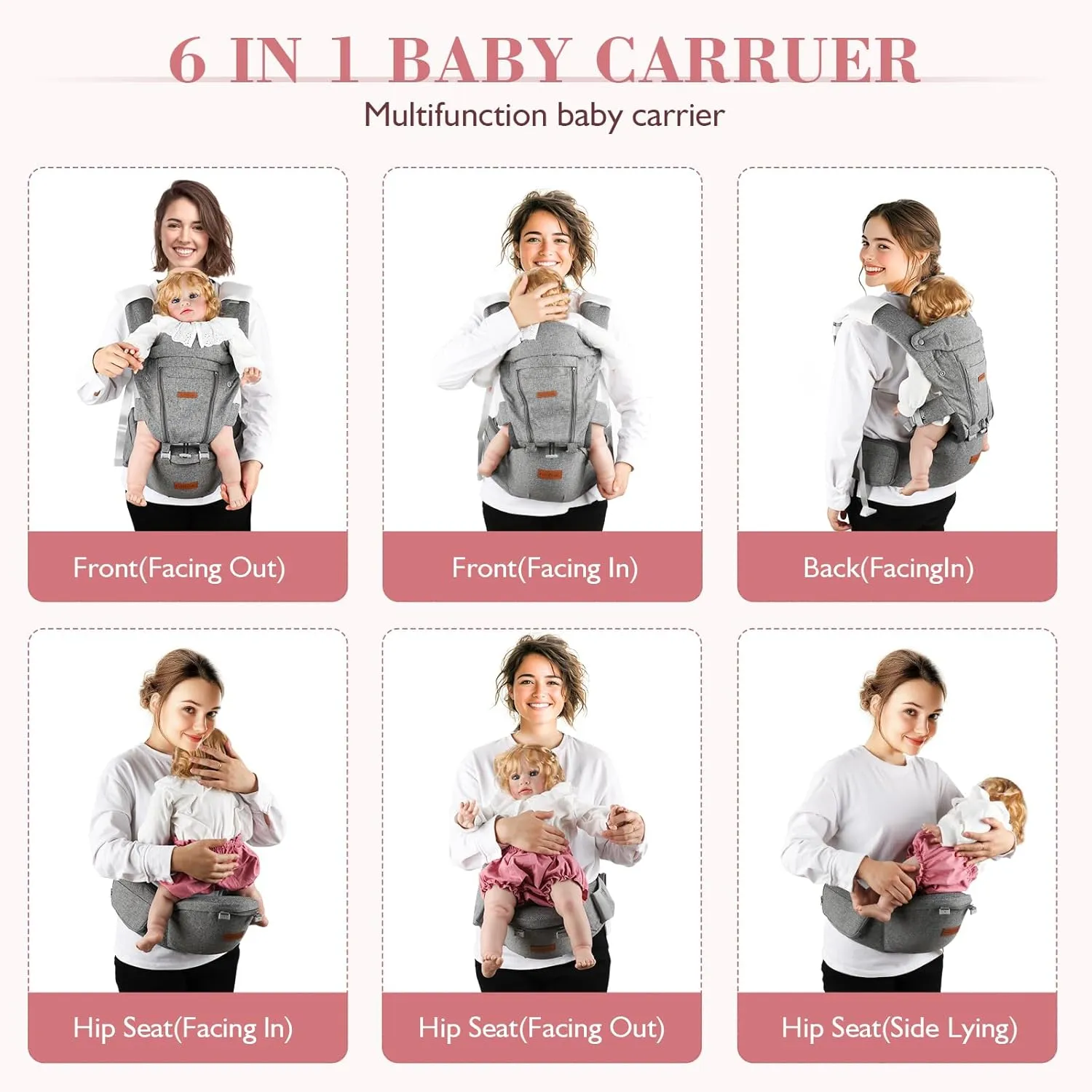 Baby Carrier Newborn to Toddler- 6 in 1 Baby Carrier with Hip Seat, Baby Body Holder with Back Support, Ergonomic, Cozy and Lightweight Infant Carrier Backpack Carrier,