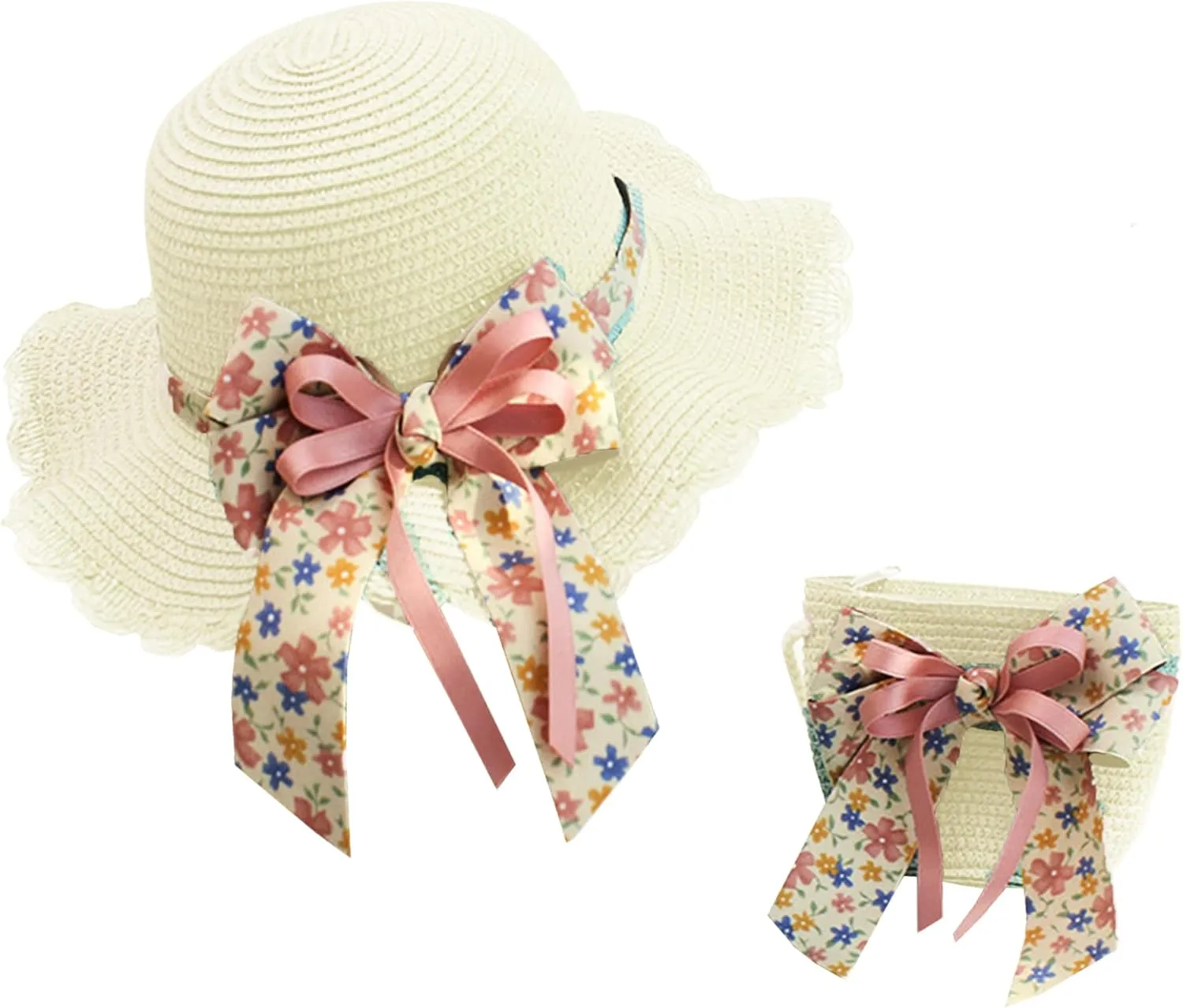 Baby Girls Flower Wide Brim Hat Sun Beach Straw Flower Hats with Cute Shoulder Bag(M1)