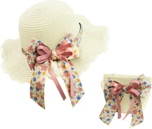 Baby Girls Flower Wide Brim Hat Sun Beach Straw Flower Hats with Cute Shoulder Bag(M1)