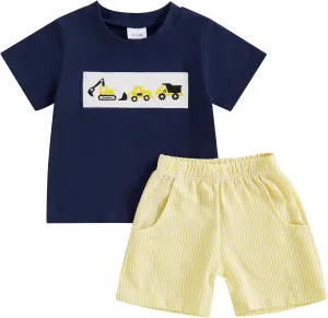 Baby Toddler Boy Summer Clothes Tractor Embroidery Short Sleeve T-shirt Plaid Shorts Set 6M 12M 18M 2T 3T 2Pcs Outfit