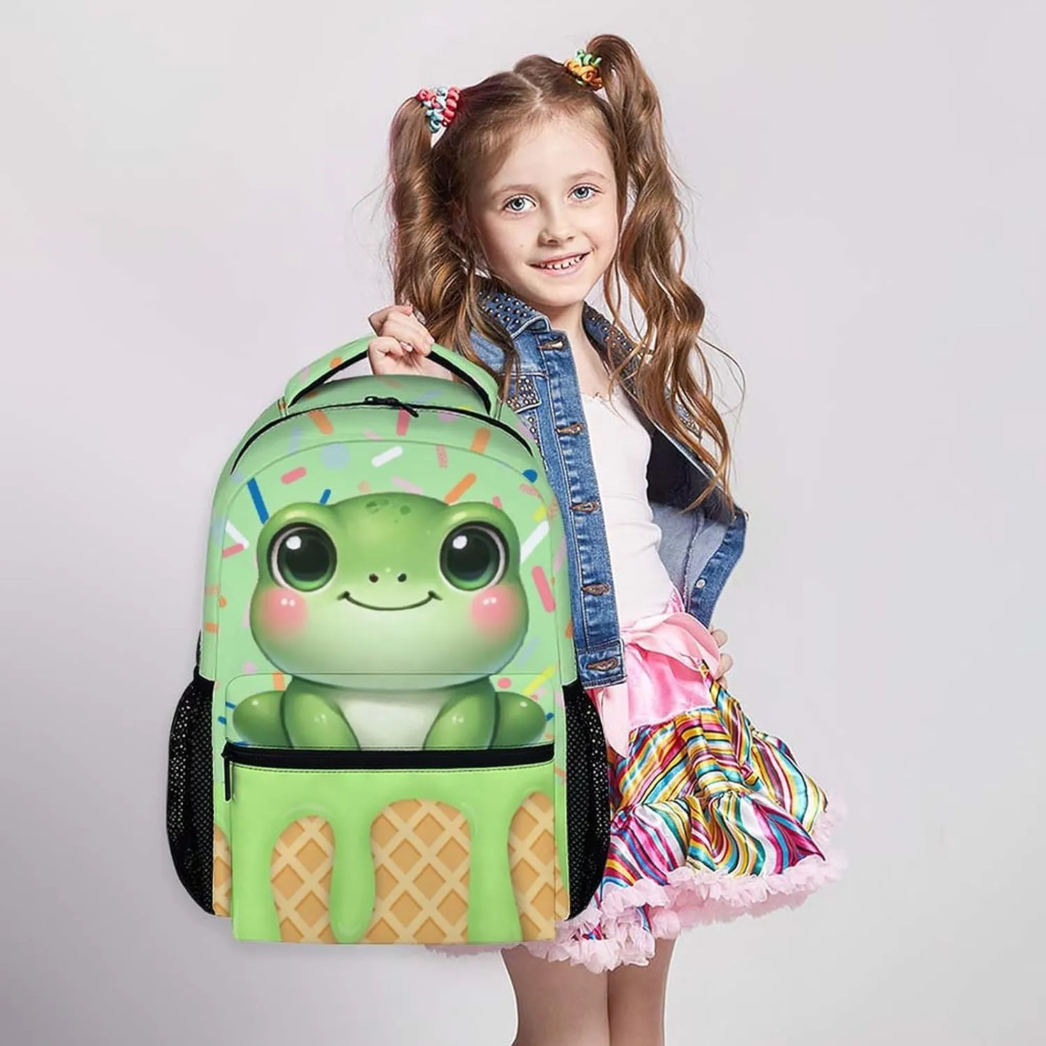 Backpack for Kids, Frog Bookbag, 17 Inch Cute Girls Schoolbag for Gift, Casual Book Bag for Preschool Elementary Kindergarten School Travel Camping