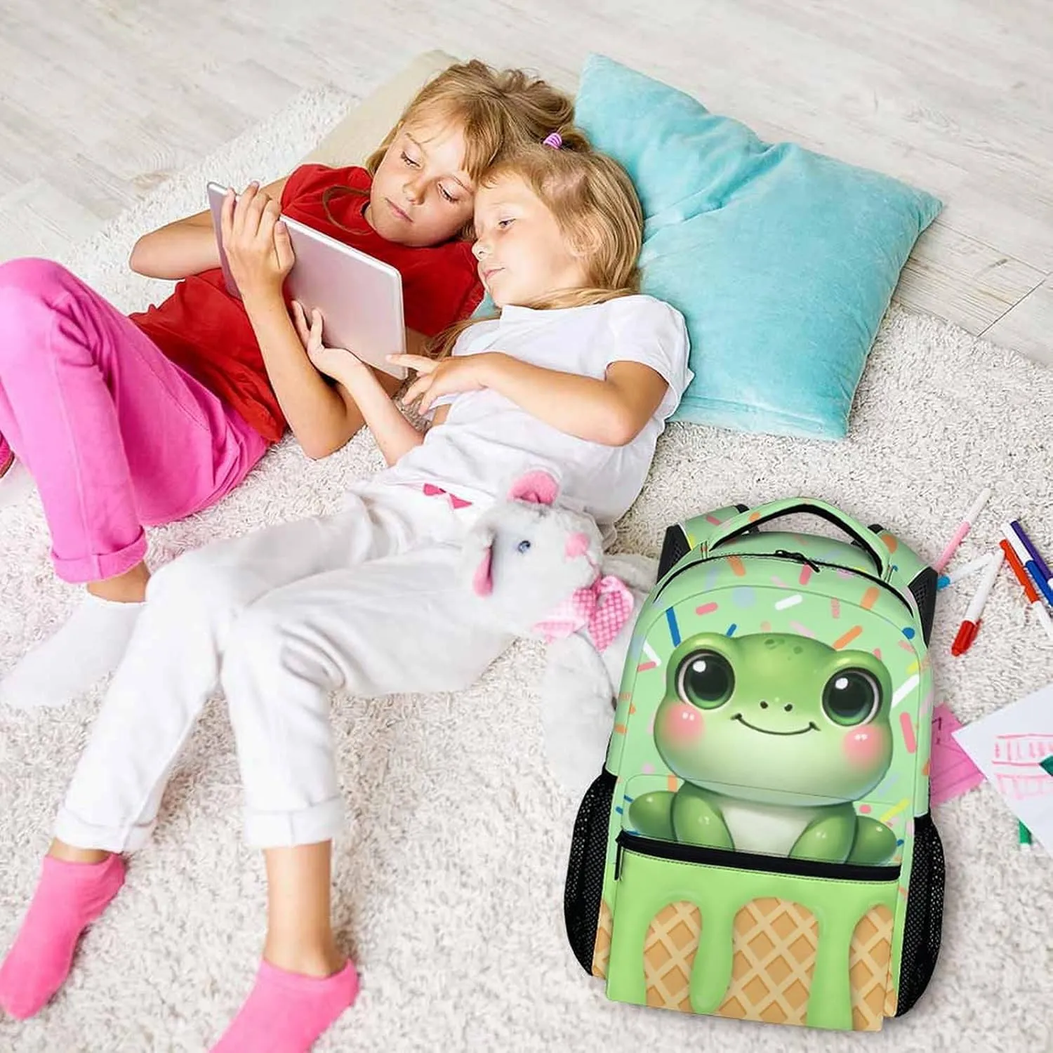Backpack for Kids, Frog Bookbag, 17 Inch Cute Girls Schoolbag for Gift, Casual Book Bag for Preschool Elementary Kindergarten School Travel Camping
