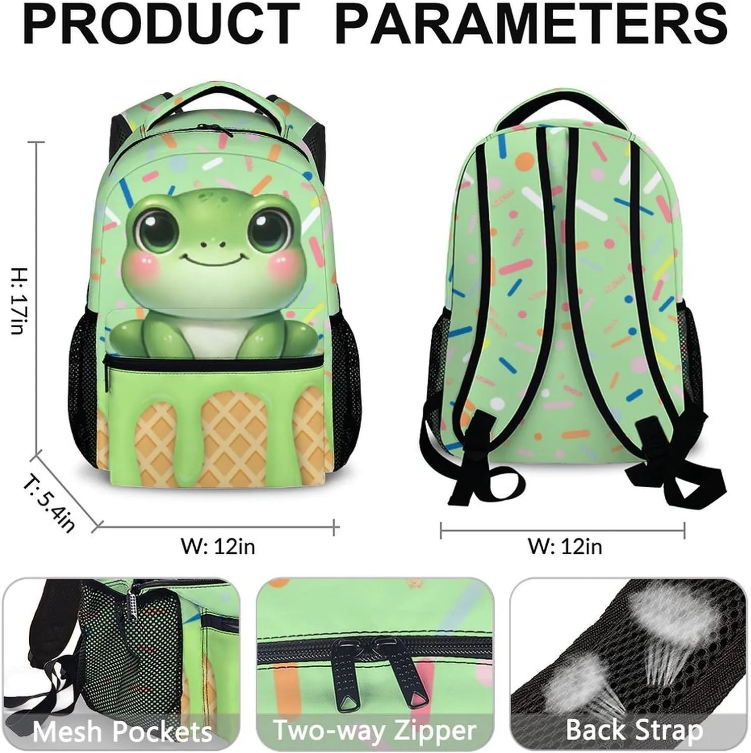 Backpack for Kids, Frog Bookbag, 17 Inch Cute Girls Schoolbag for Gift, Casual Book Bag for Preschool Elementary Kindergarten School Travel Camping