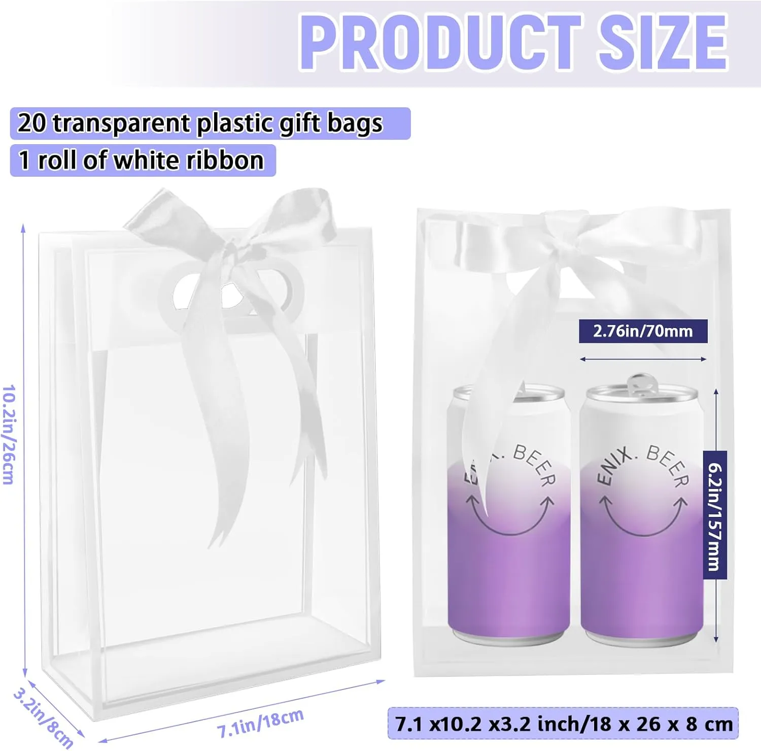 BadenBach 20 Pcs Clear Gift Bags with Handles,7.1"x10.2"x3.2", Reusable Plastic Clear Party Favor Bags with Ribbon Transparent Plastic Gift Wrap Bags for Bridal Wedding Birthday Mother's Day,White