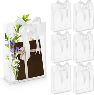 BadenBach 20 Pcs Clear Gift Bags with Handles,7.1"x10.2"x3.2", Reusable Plastic Clear Party Favor Bags with Ribbon Transparent Plastic Gift Wrap Bags for Bridal Wedding Birthday Mother's Day,White