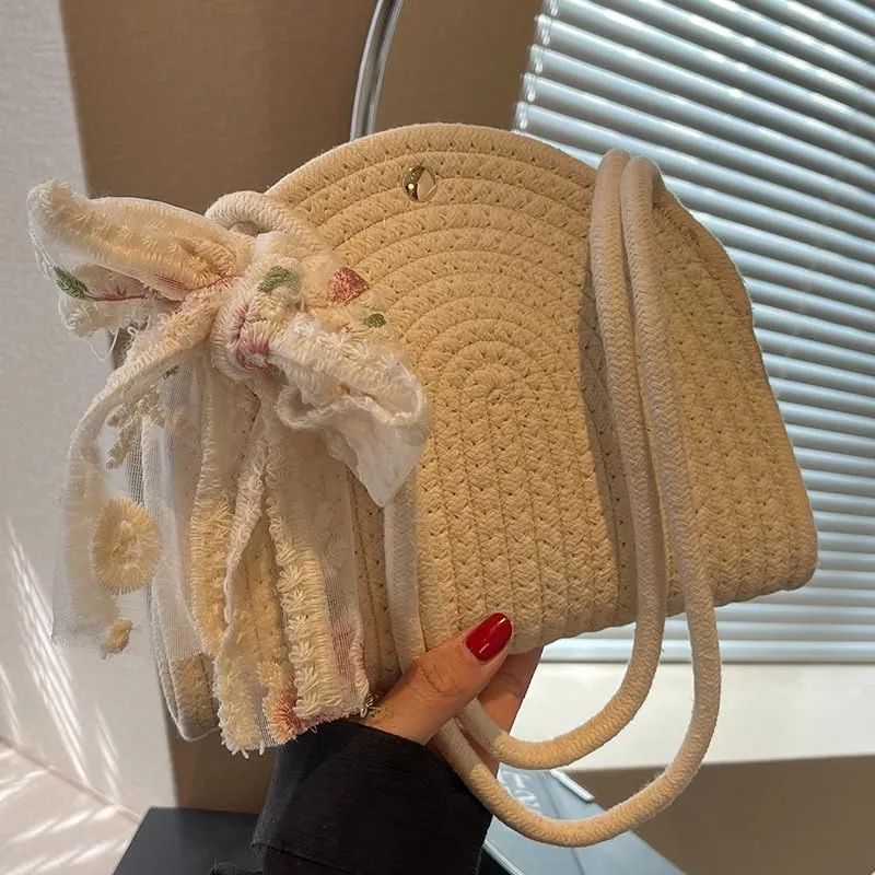 Bag French Fashion Woven Bag Women's Fashion One-shoulder Women's Ins Fashion Cotton Rope Handbag(Khaki)