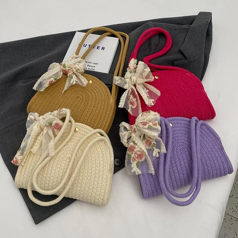 Bag French Fashion Woven Bag Women's Fashion One-shoulder Women's Ins Fashion Cotton Rope Handbag(Khaki)