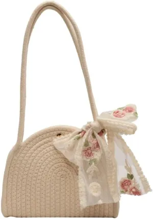 Bag French Fashion Woven Bag Women's Fashion One-shoulder Women's Ins Fashion Cotton Rope Handbag(Khaki)