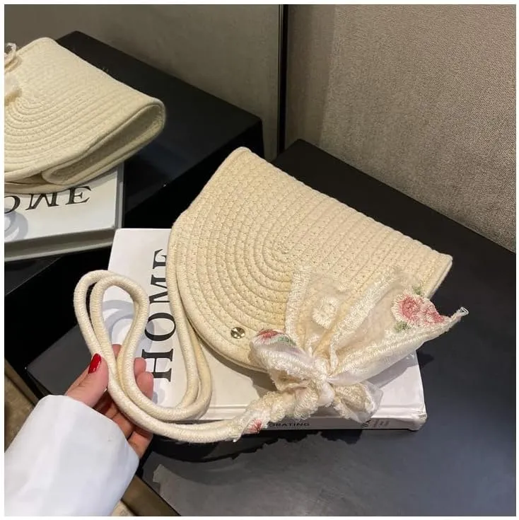 Bag French Fashion Woven Bag Women's Fashion One-shoulder Women's Ins Fashion Cotton Rope Handbag(Khaki)