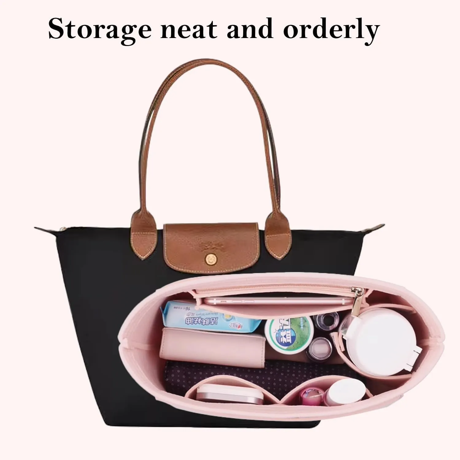 Bag Insert Organizer, purse accessories, Suitable For Longchamp long handle tote organizer (Black, L（long handle）)